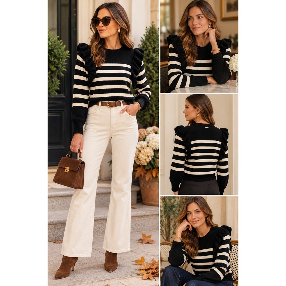 NWT Cleobella Blair Black Ivory Ruffle Sleeve Sweater Organic Cotton ($228) XS